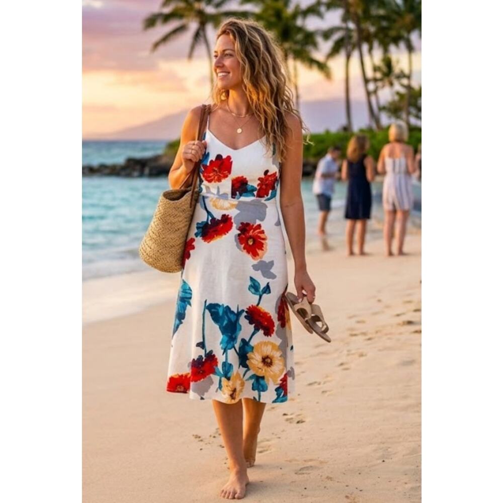 Banana Republic Women's Size 4 White Floral Linen Blend Flare Dress Resortwear